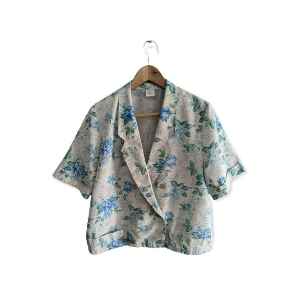 VINTAGE Linen blend floral summer short sleeve blazer flax blend